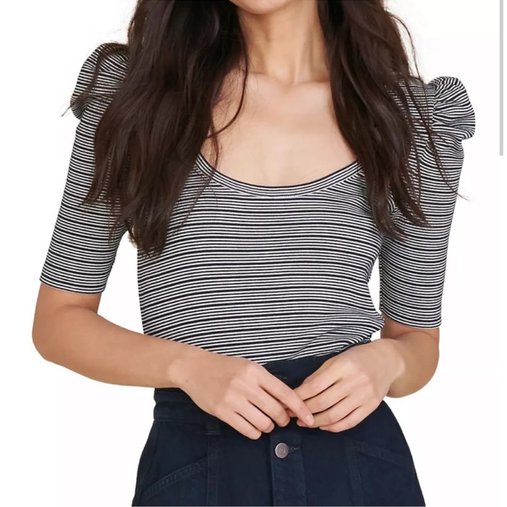 Veronica Beard Black and White Striped Puff Sleeve Long Sleeve Tee